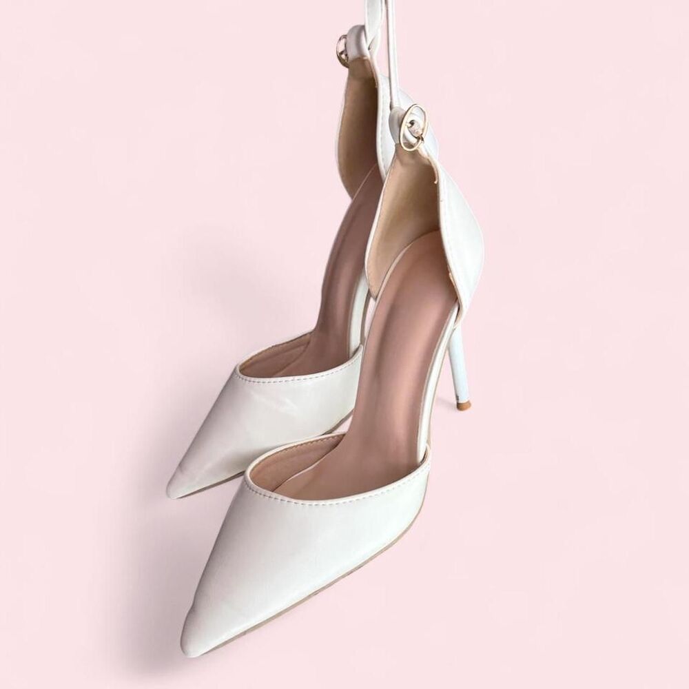 White pointed toe slingback ankle wrap heels